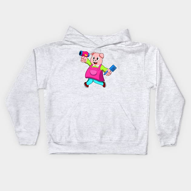 Pig as Hairdresser with Hair dryer & Comb Kids Hoodie by Markus Schnabel